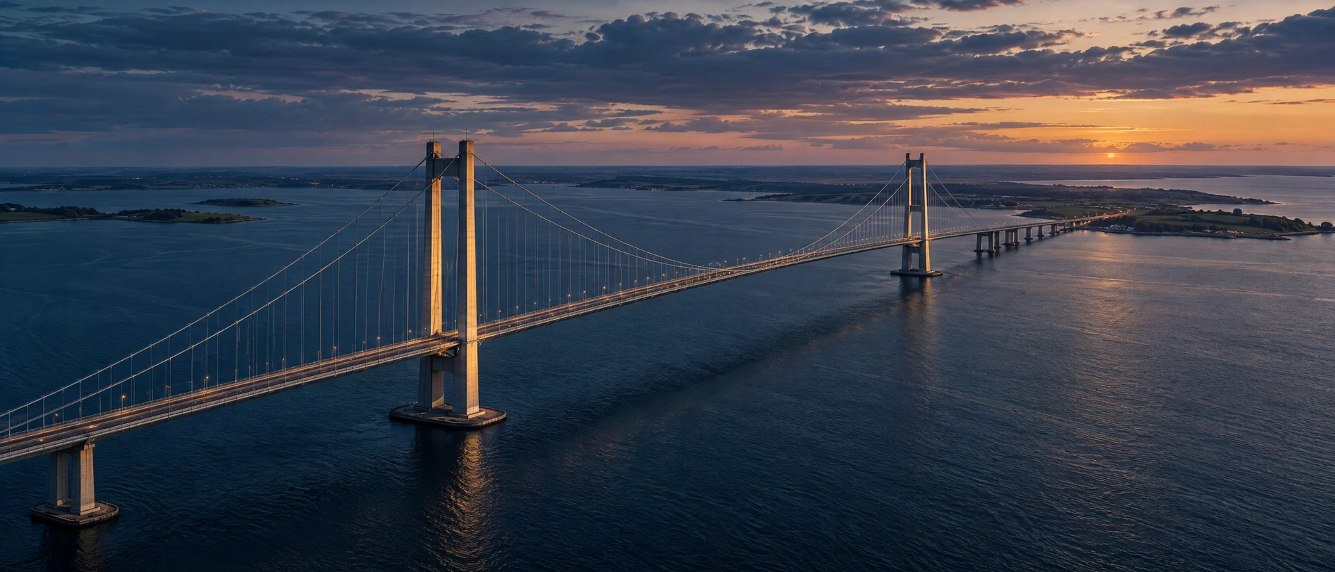 Original illustrative suspension bridge extending across a broad Danish-inspired strait at blue hour